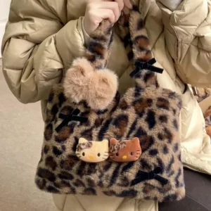Hello Kitty leopard print plush fashion cute handbag for girls shoulder bag armpit handbag lightweight and durable gift forgirls